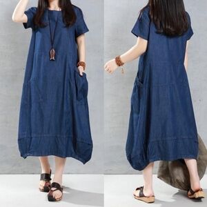 Zanzea Collection Denim Chambray Lagenlook Barrel Midi Dress Blue Size M